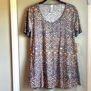 NEW LuLaRoe Blue, Yellow & Orange Leaves Perfect Fit Flare Rayon Tee Sz XXS